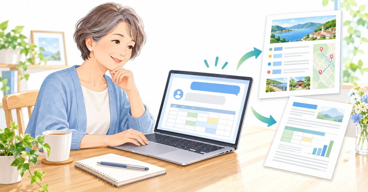 AIに相談しながら、旅行のしおりや仕事の書類をパソコンで仕上げる女性のイラスト