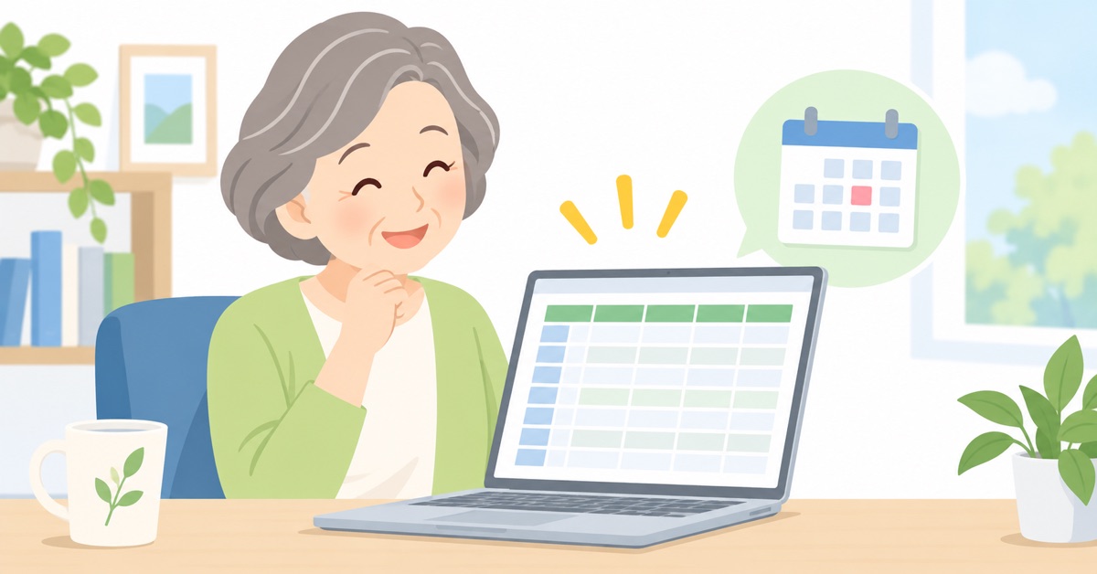 Excelの表を見て、日付への自動変換の対処が分かり安心したシニア女性のイラスト