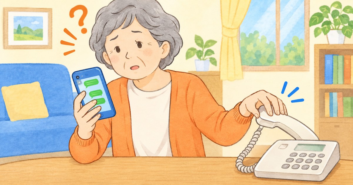 スマートフォンに届いたメッセージを困った顔で見ながら、もう片方の手で固定電話の受話器を取ろうとしているシニア女性のイラスト