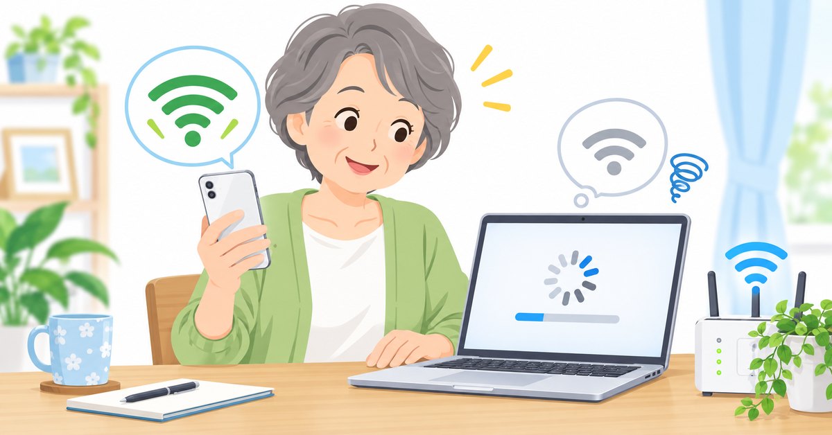 スマホはつながるのにパソコンだけネットが遅い状態を確認する女性