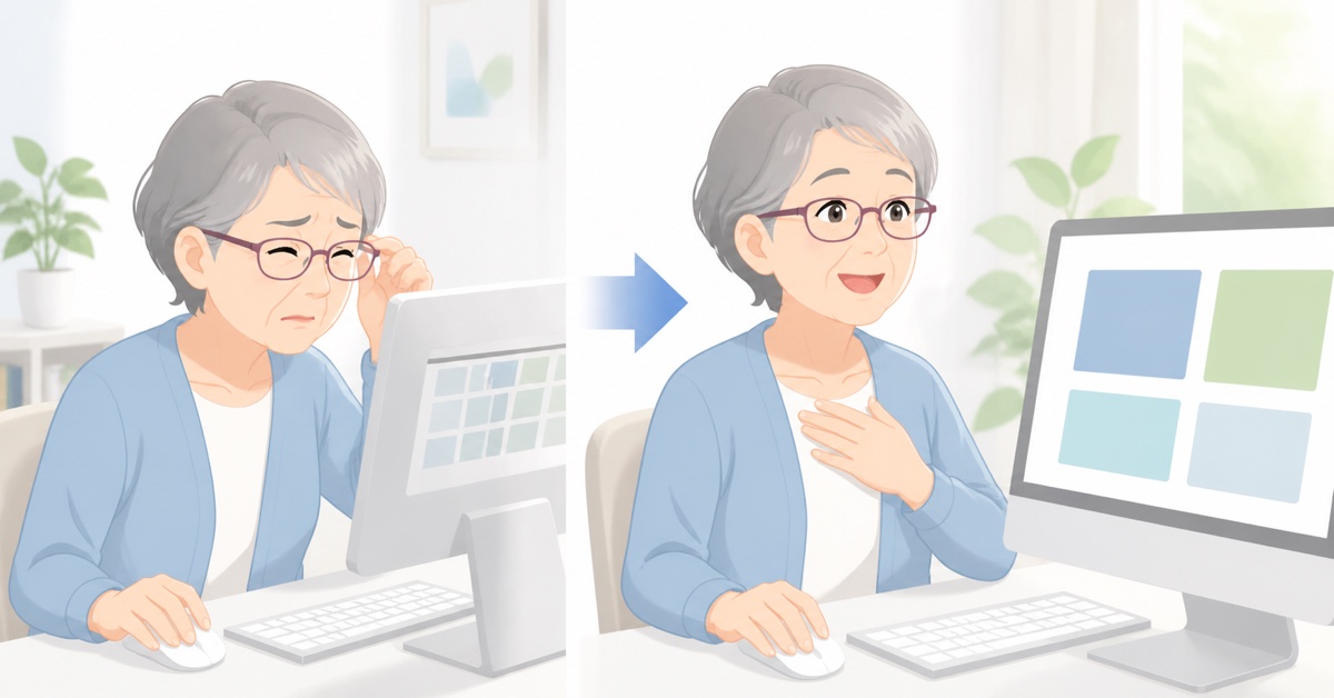 パソコン画面の小さな表示に困っていたシニアが、表示を拡大して見やすくなり安心しているイラスト