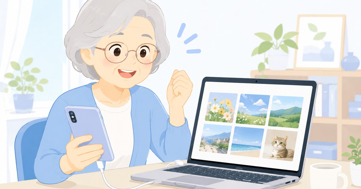 スマートフォンをケーブルでノートパソコンにつなぎ、写真の取り込みができて笑顔のシニア女性のイラスト