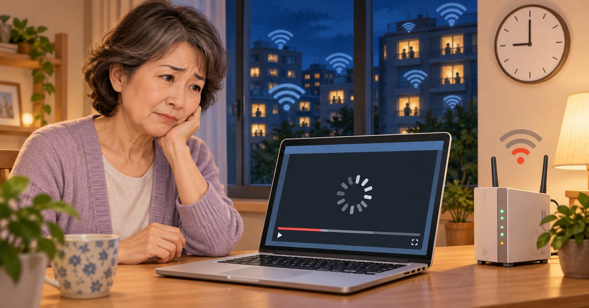 夜にWi-Fiが遅くなりパソコンの動画が止まっている様子