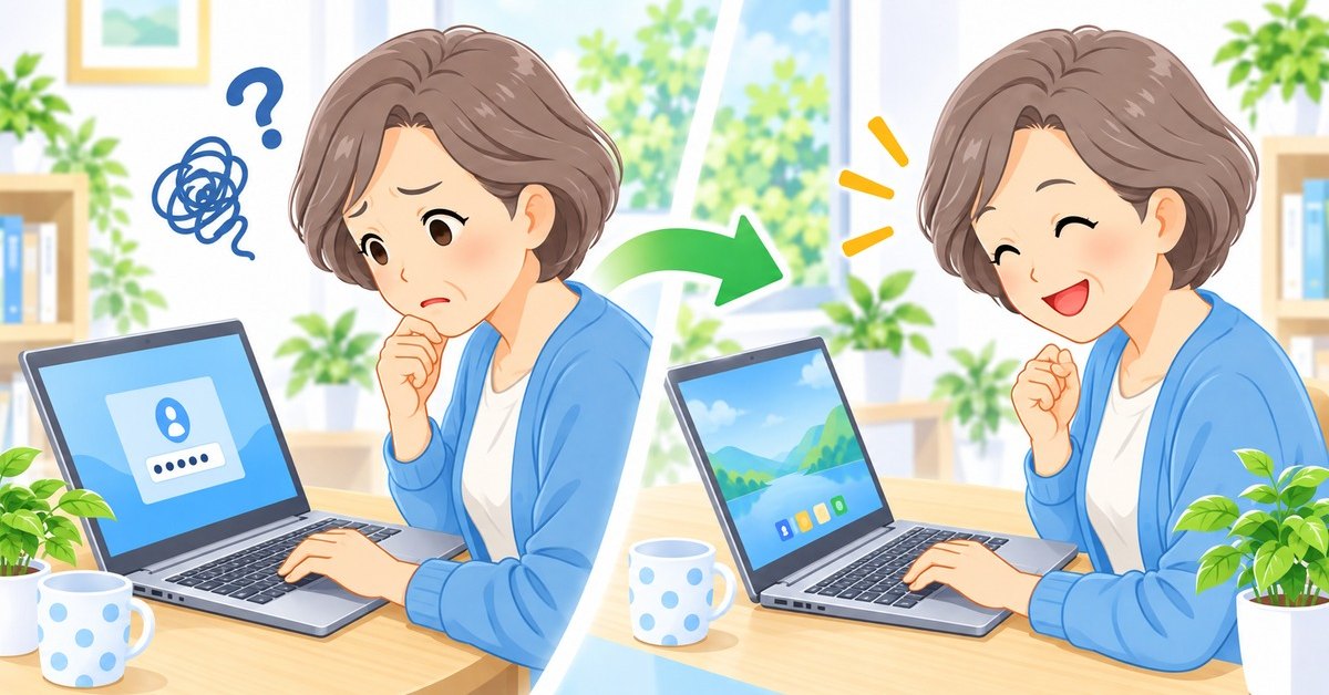 Windowsのサインインで困っている女性と、解決して安心した女性のイラスト