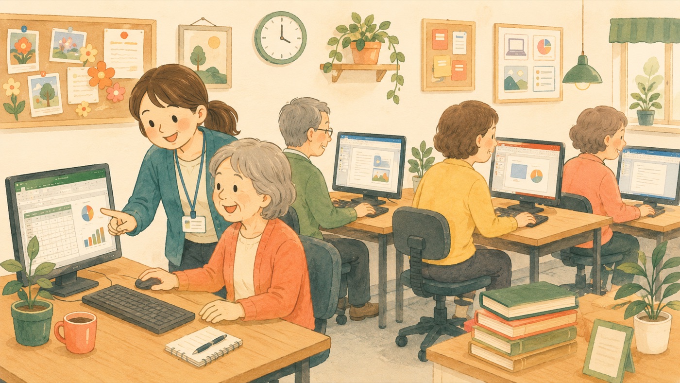にぎやかな教室で先生が生徒さんに教えているイラスト