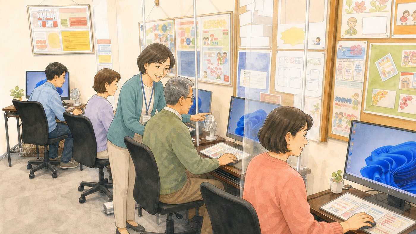 実際の教室をもとに、インストラクターが受講生をサポートしているイラスト