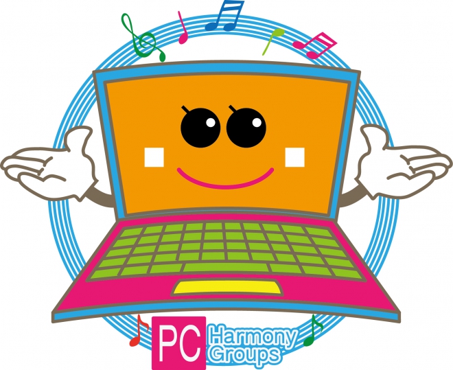 笑顔で両手を広げるPCハーモニーのパソコンキャラクター