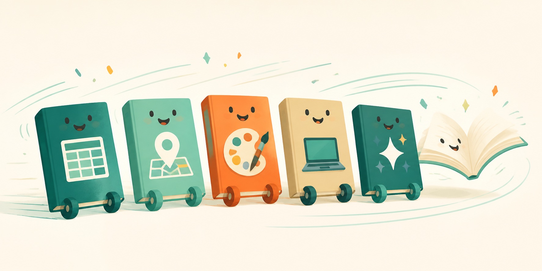 新しい教材が車輪に乗って次々と前へ進むローリング・テキストのイラスト