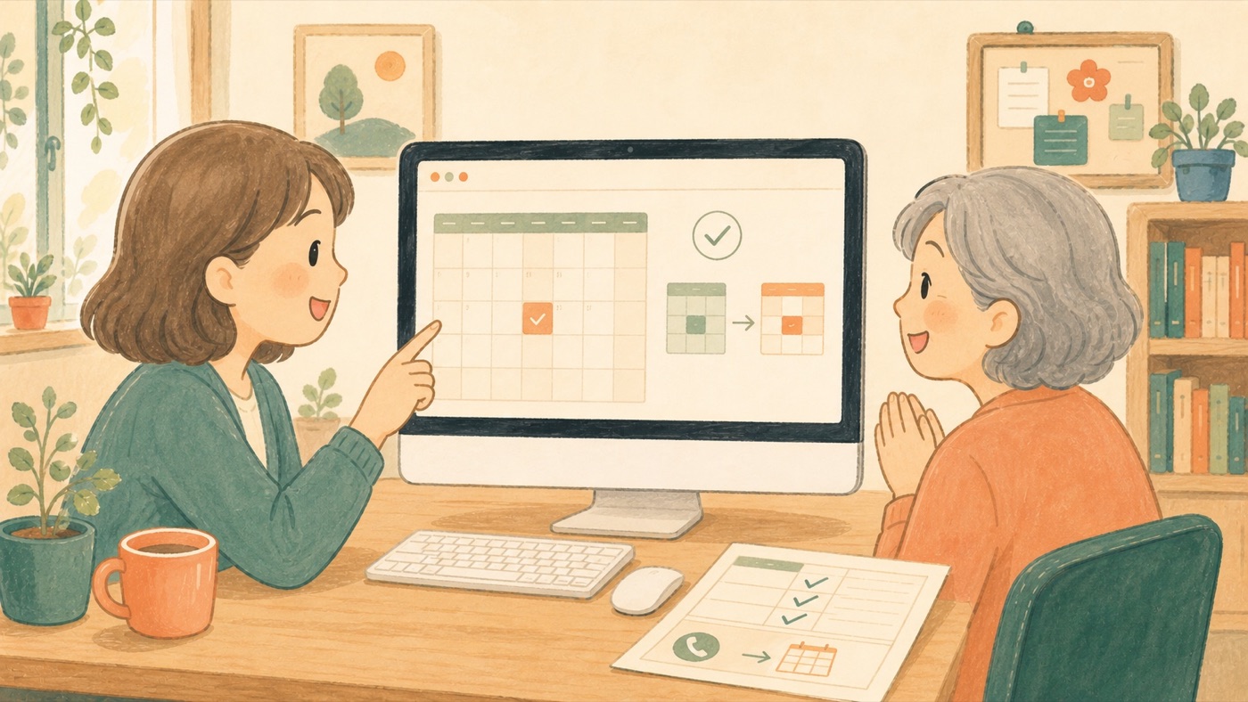 講師とシニアの生徒さんが同じ予約確認画面を見ながら、変更内容を一緒に確かめている様子