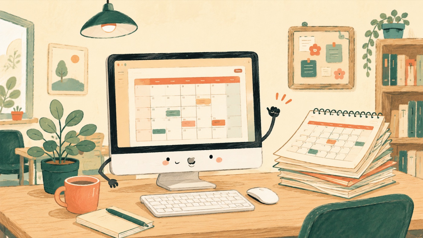 教室のMacがカレンダーを表示して働いているイラスト