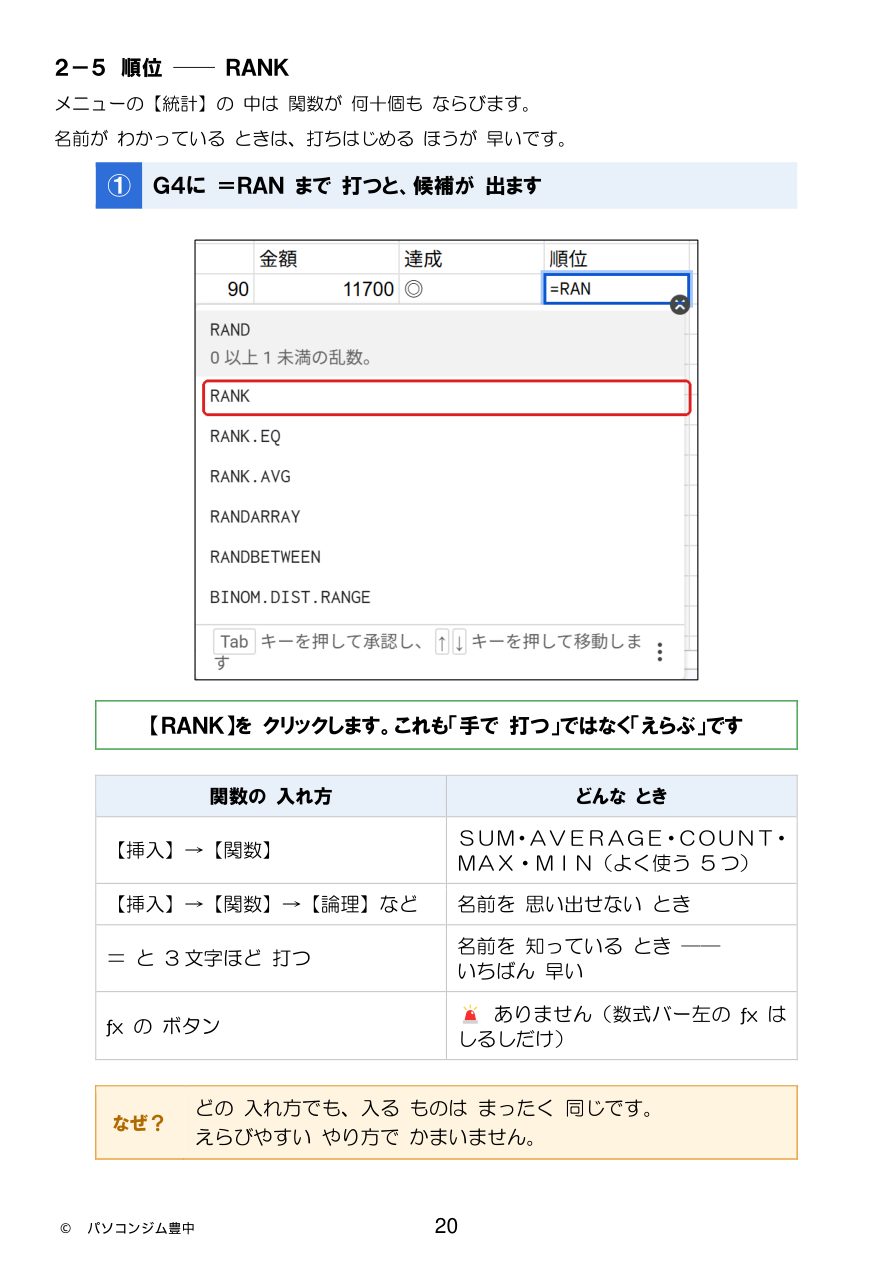 オリジナルテキスト『はじめてのGoogle スプレッドシート』RANK関数を入れる誌面