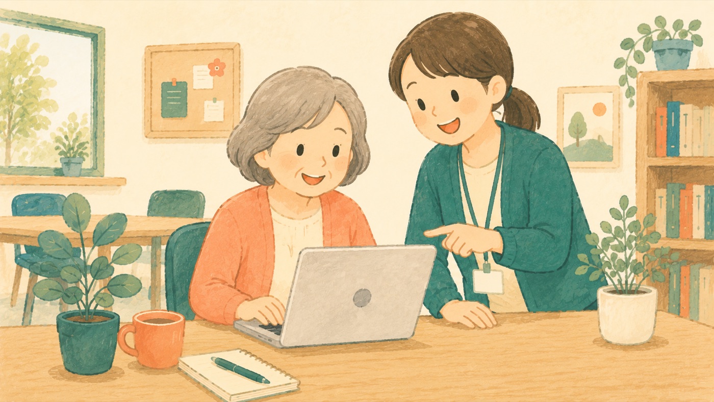 先生がやさしく寄り添ってパソコンを教えているイラスト